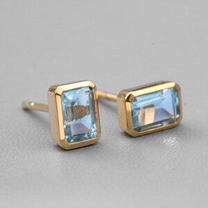 Blue Topaz Stud Earrings 14K Yellow Gold Emerald Cut